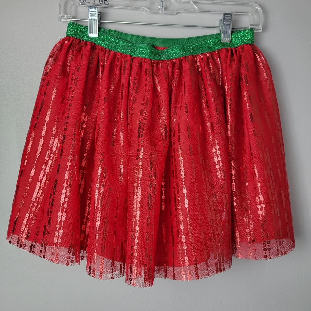Youth Girl Red Green Sparkle Sequin 3 Layers Tutu Skirt XL 14-16 Holiday Time